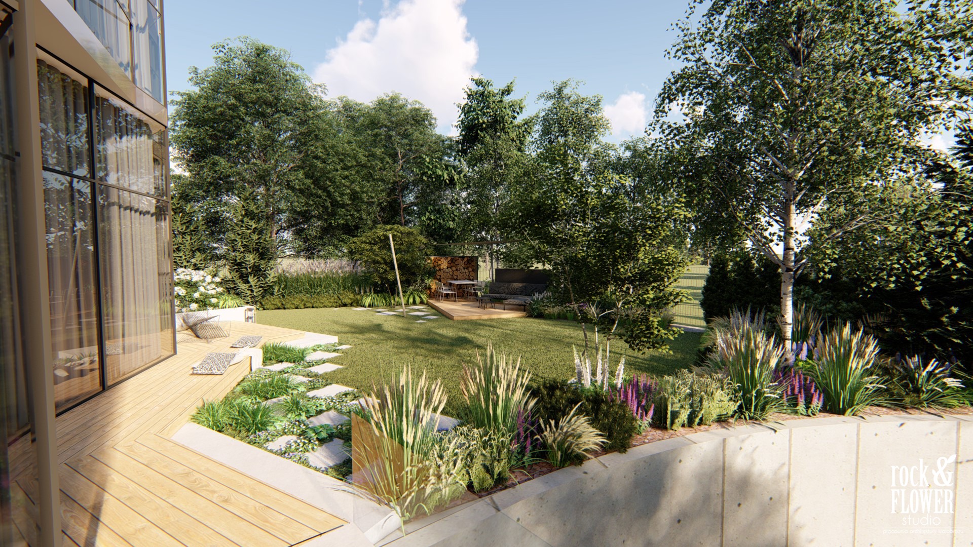 nowoczesny ogród z widokiem