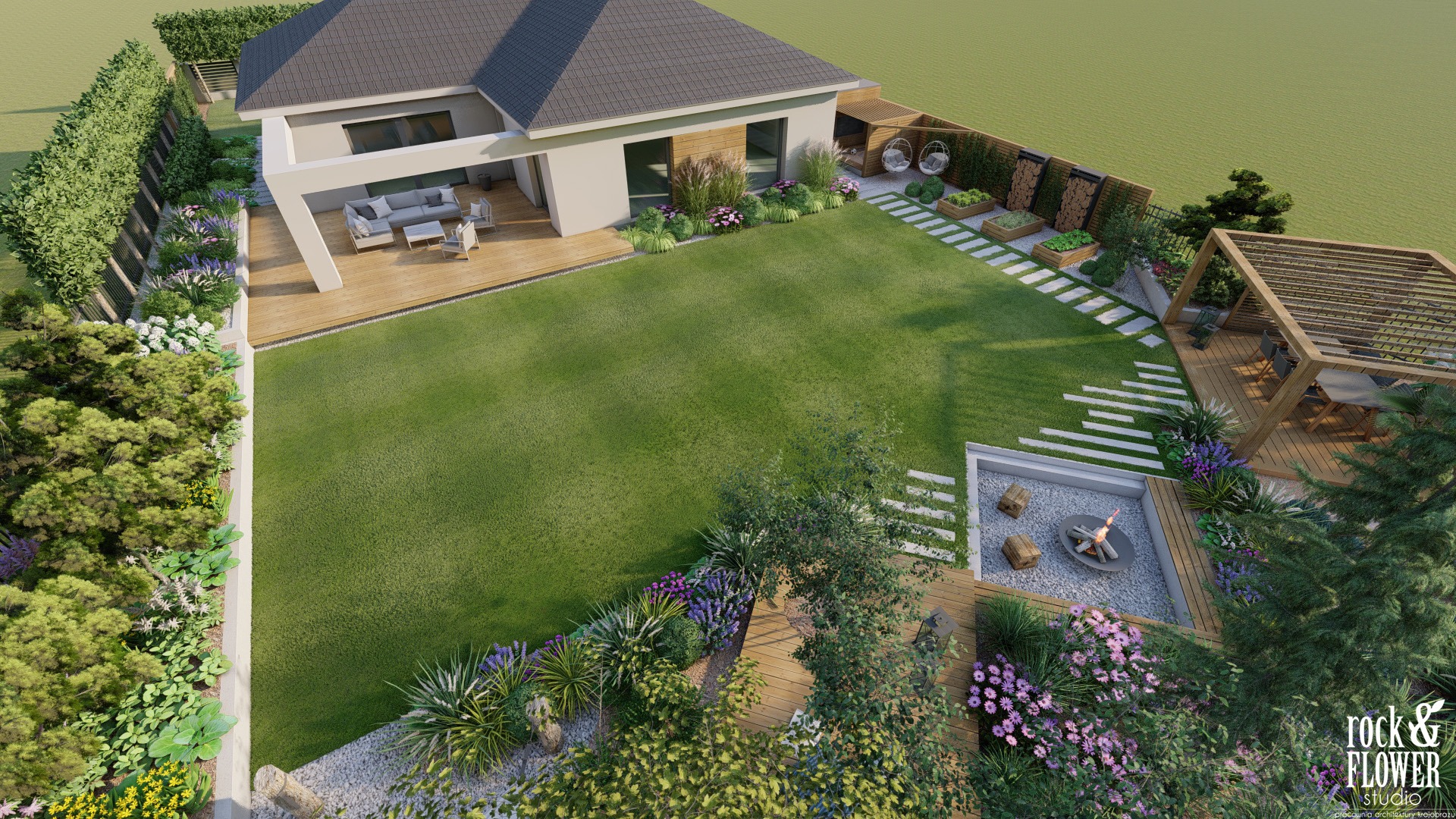 nowoczesny ogród z kwiatami