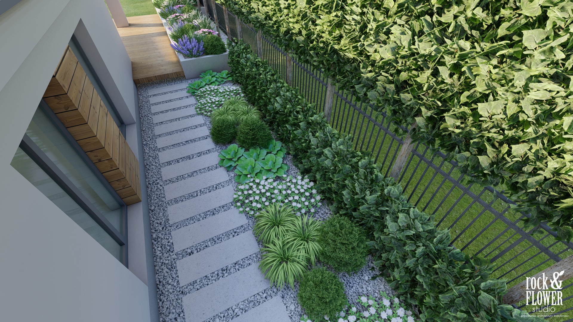 nowoczesny ogród z kwiatami