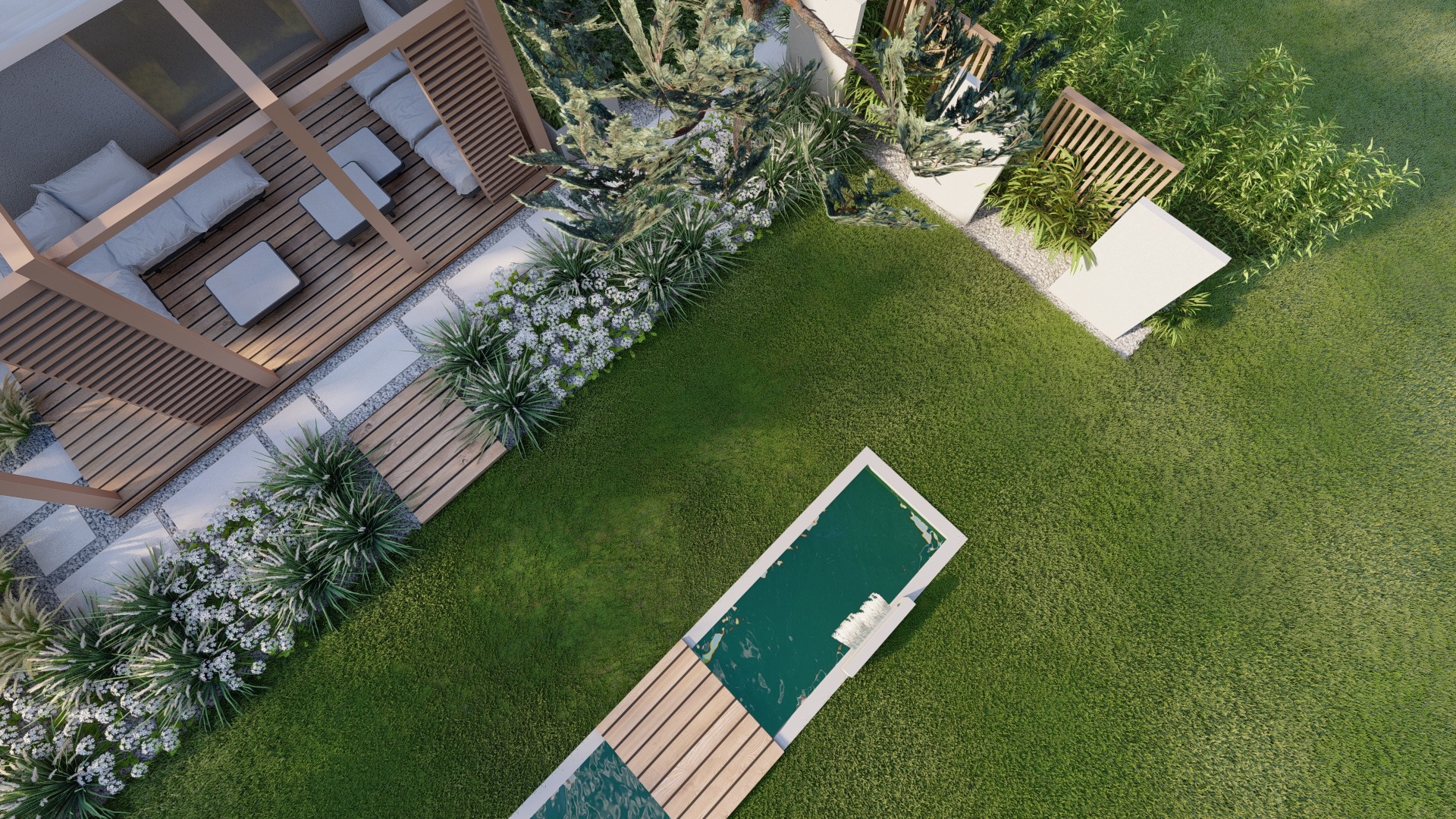 minimalistyczny ogród z sosnami