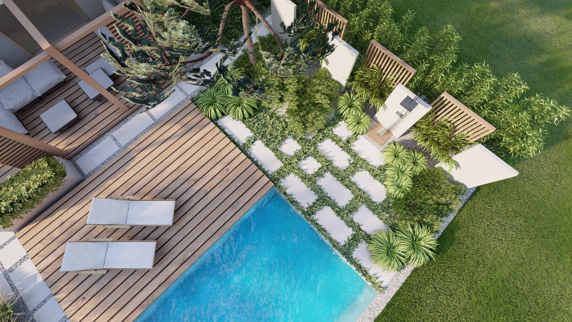 minimalistyczny ogród z sosnami