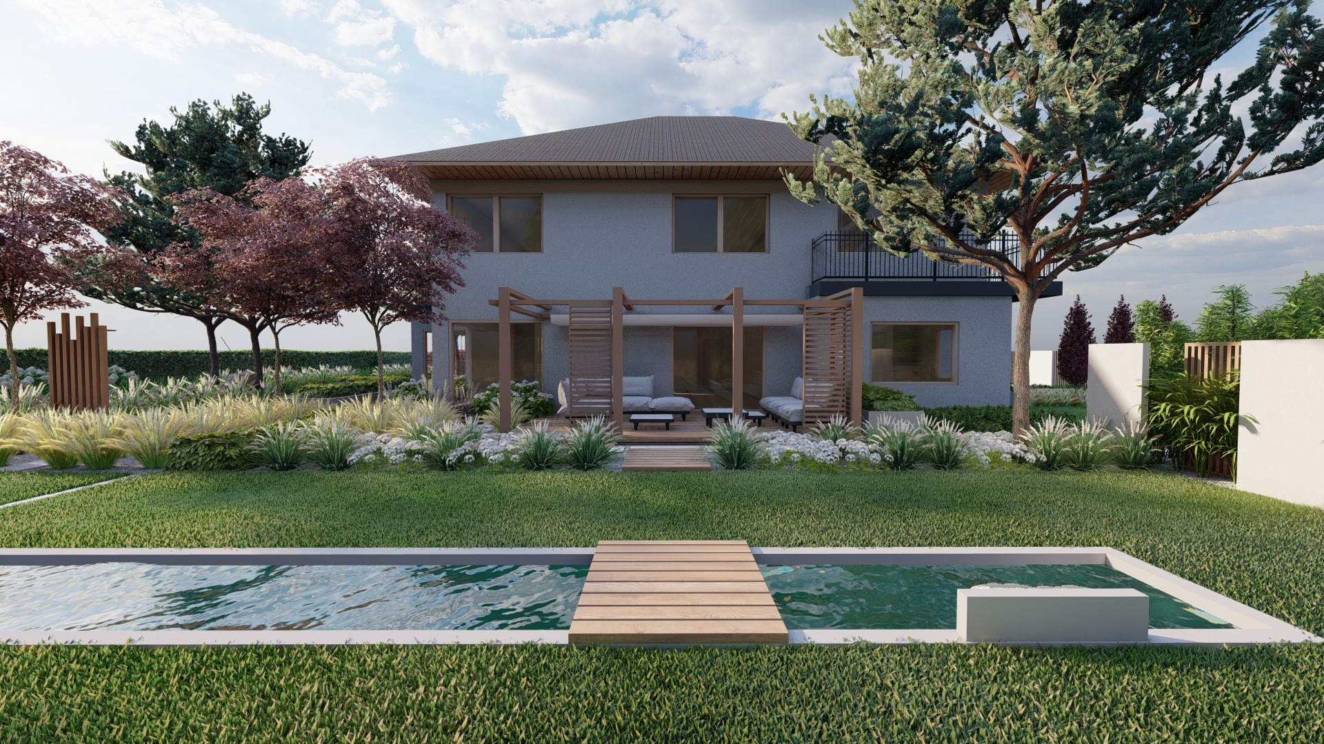 minimalistyczny ogród z sosnami