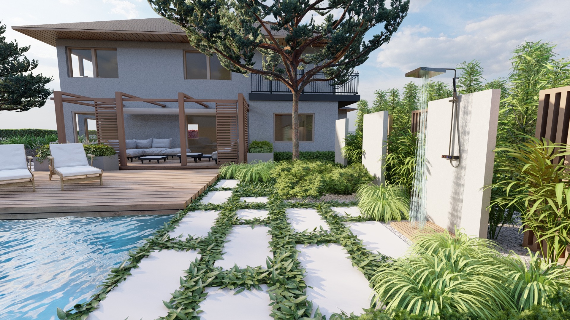 minimalistyczny ogród z sosnami