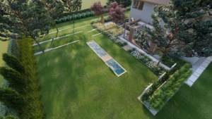 minimalistyczny ogród z sosnami