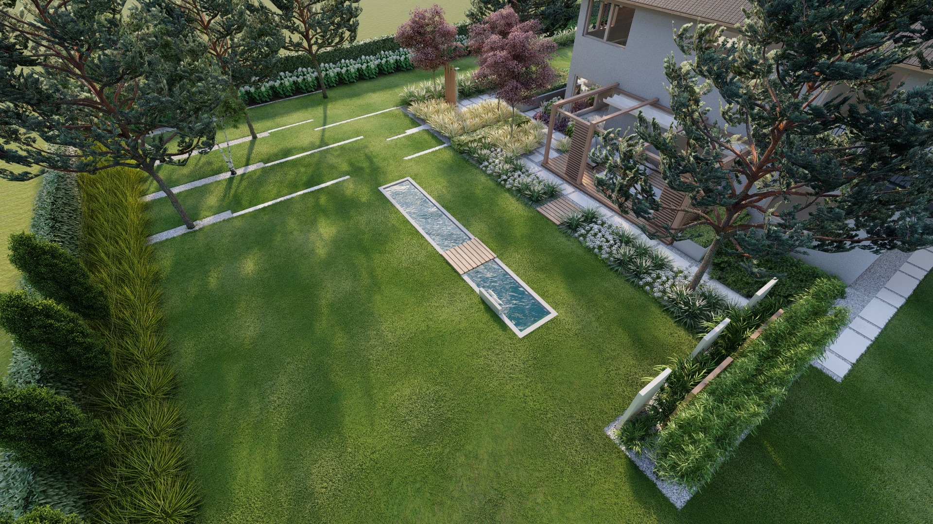 minimalistyczny ogród z sosnami