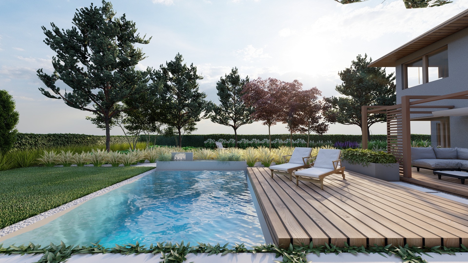 minimalistyczny ogró z sosnami