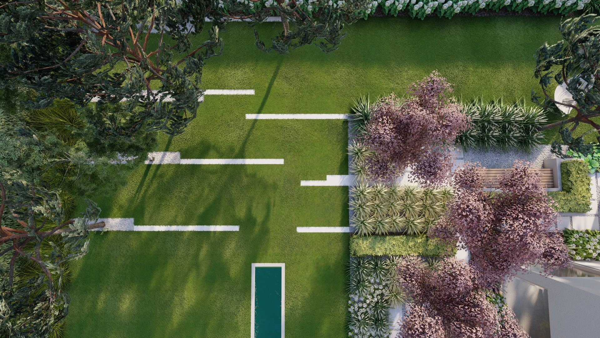 minimalistyczny ogród z sosnami