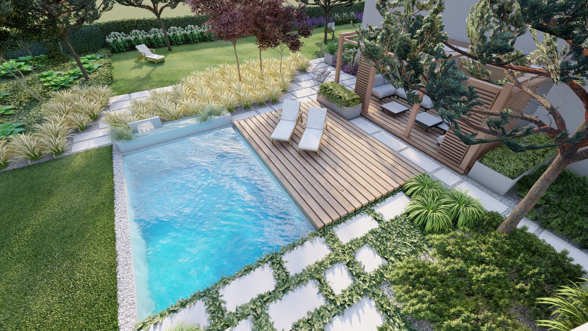 minimalistyczny ogró z sosnami