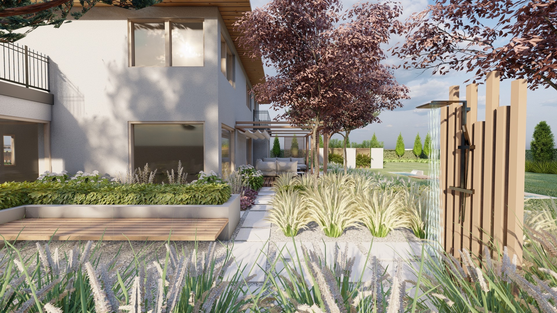 minimalistyczny ogród z sosnami