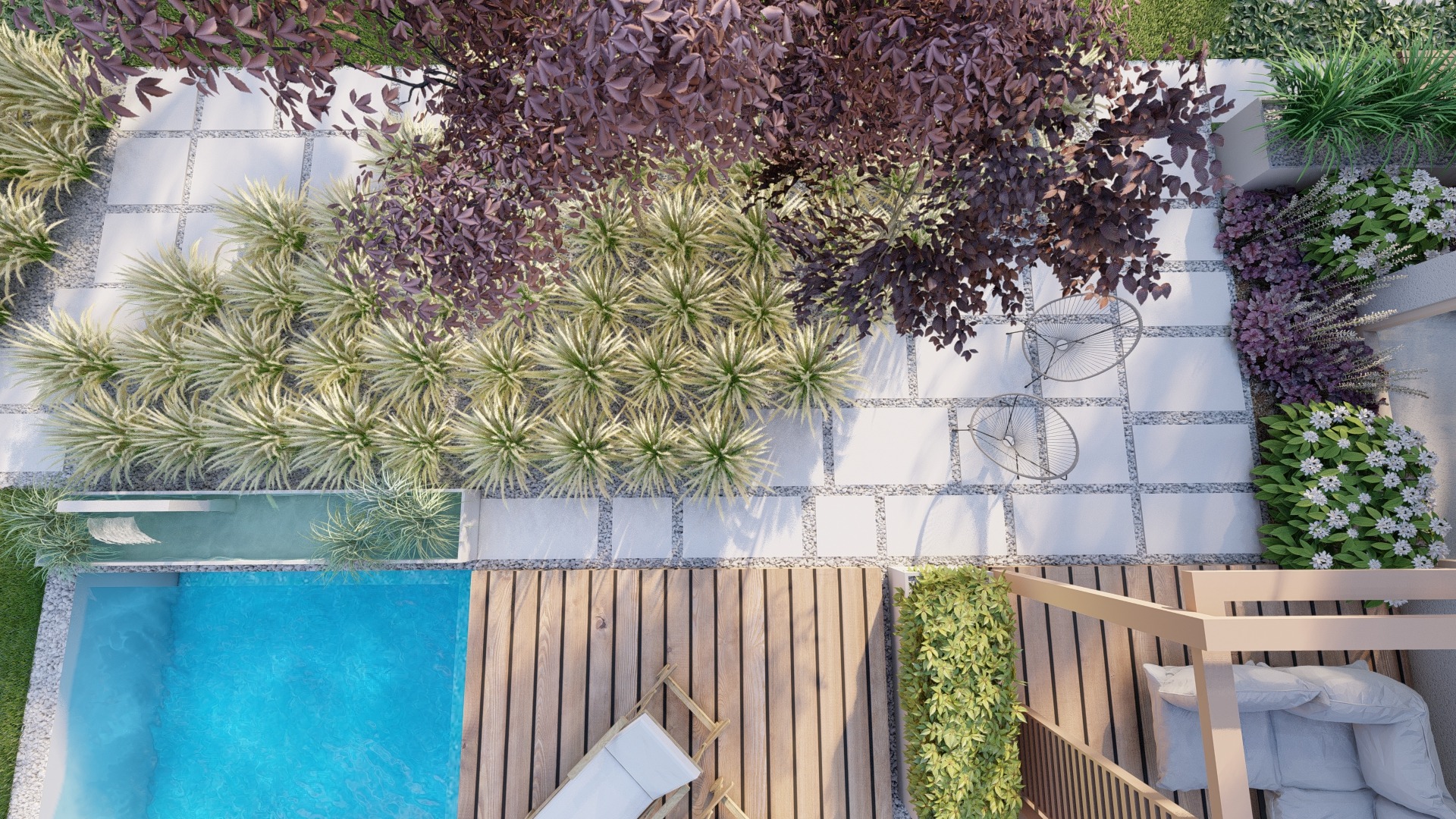 minimalistyczny ogród z sosnami