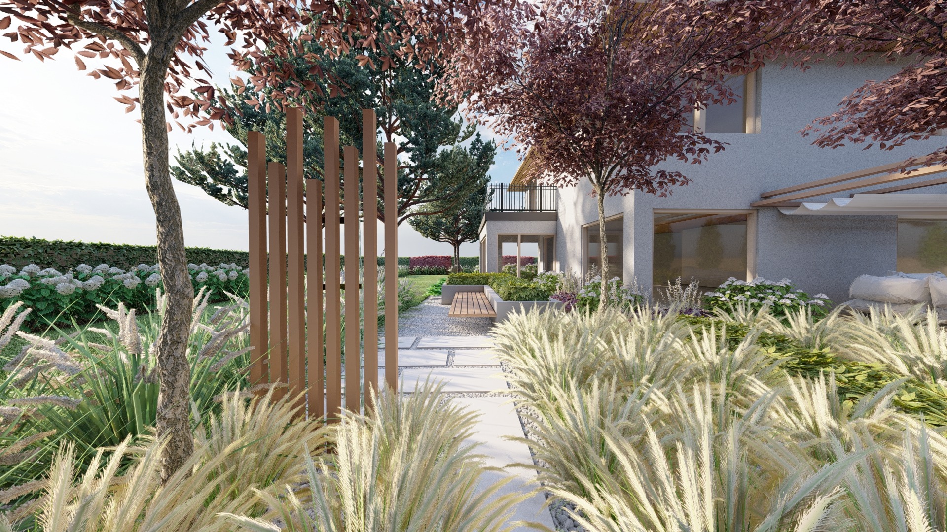 minimalistyczny ogród z sosnami