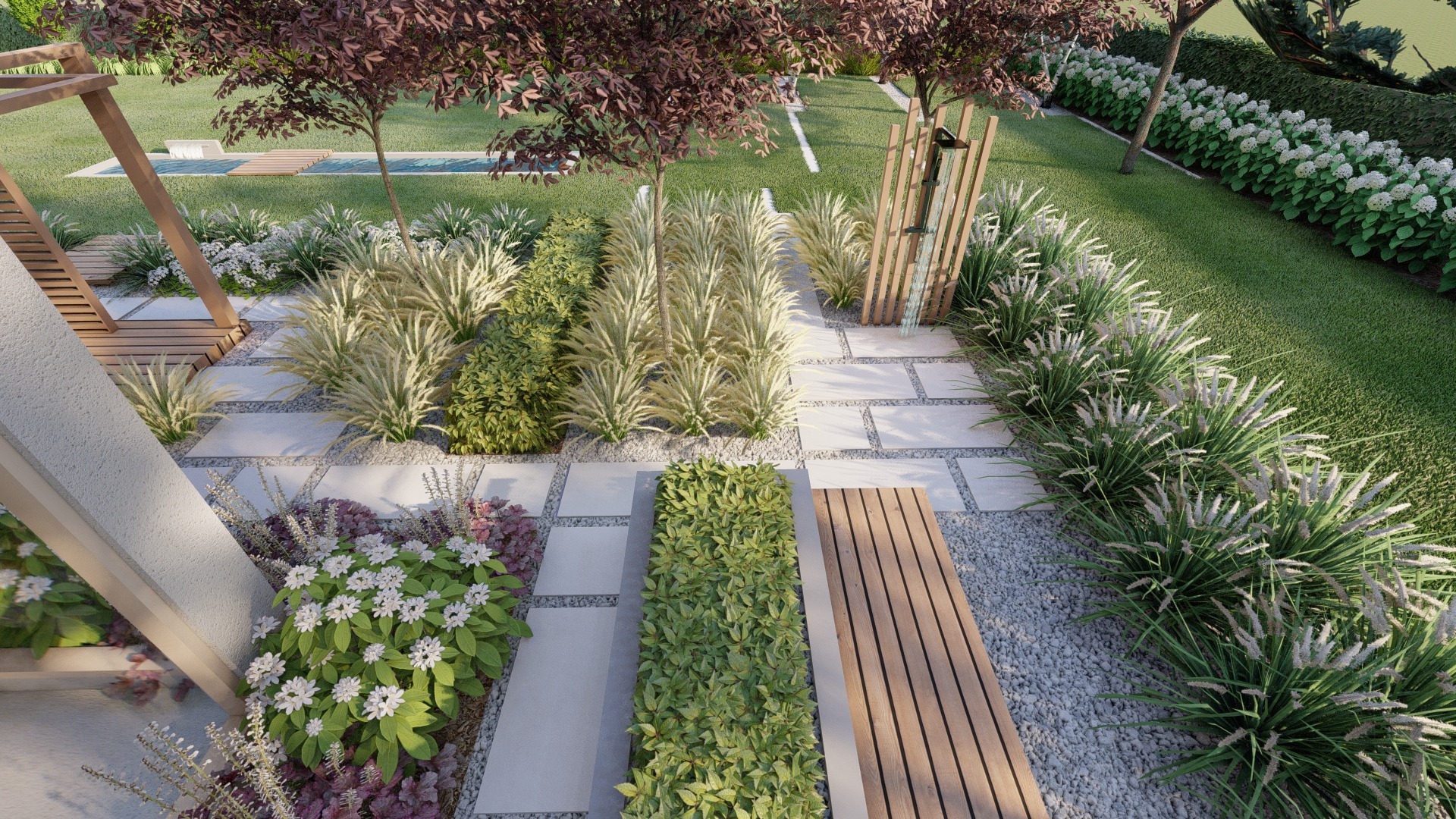 minimalistyczny ogród z basenem