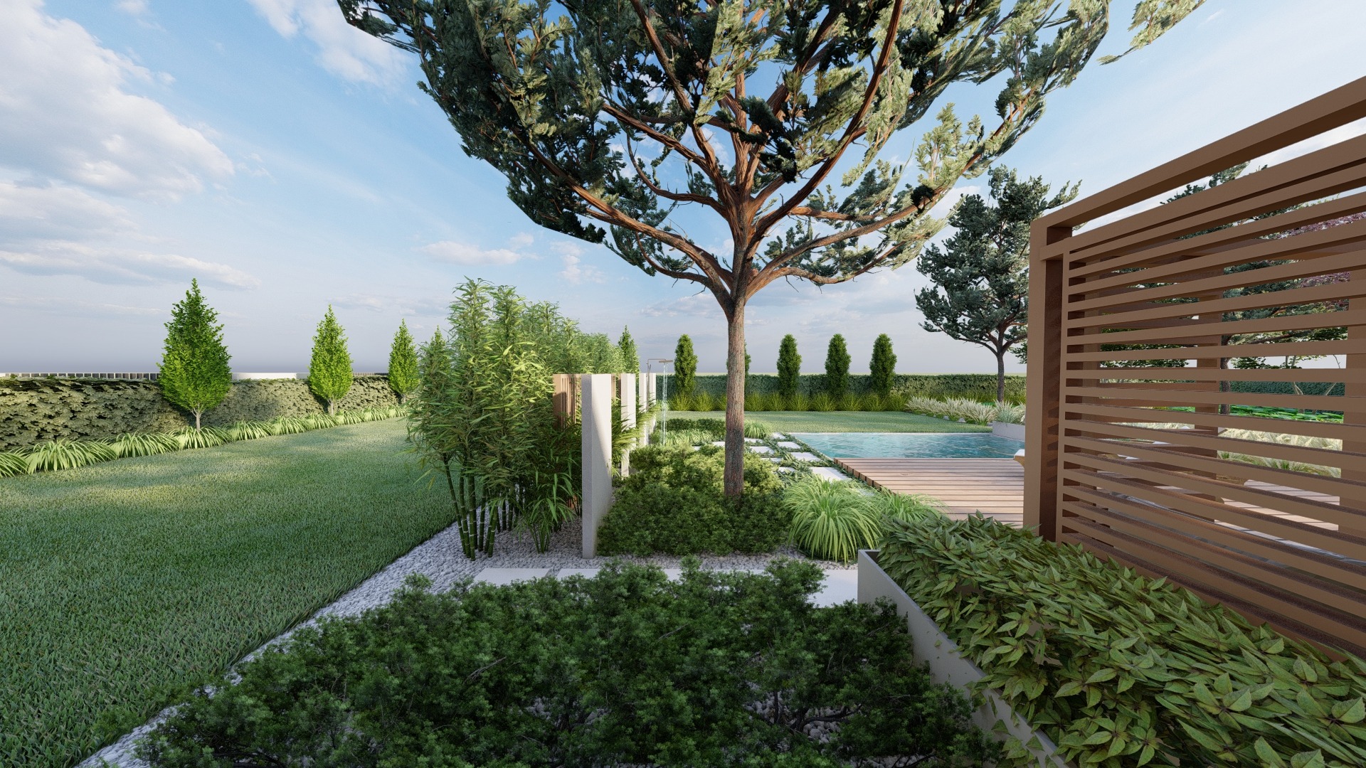 minimalistyczny ogród z sosnami w swóch wersjach