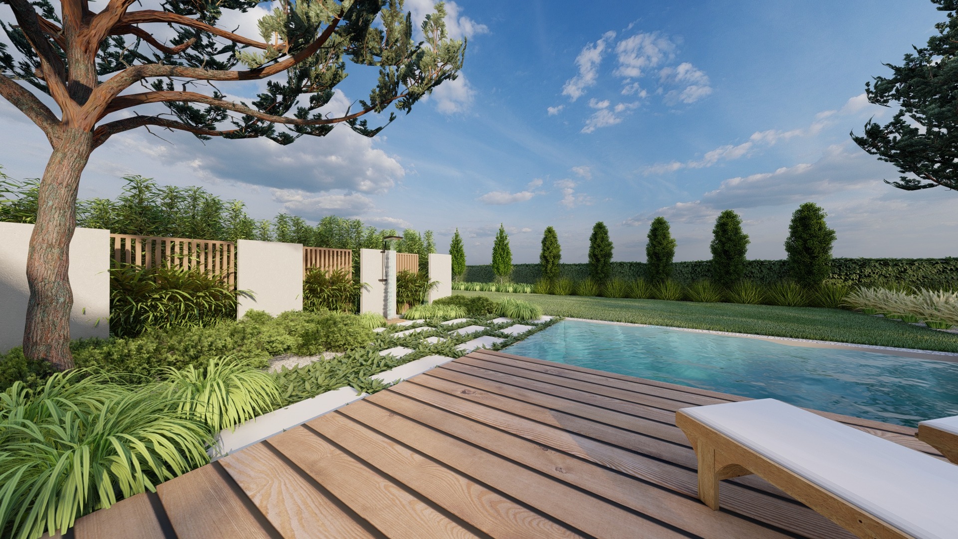 minimalistyczny ogród z sosnami